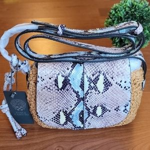 VINCE CAMUTO Bonnie Leather and Straw Crossbody Bag